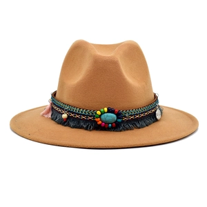 Bohemian Fedora Hat Woolen Felt Ethnic Turquoise Tassels Wide Brim Western Cowboy Jazz Hat For Women Men Decorative