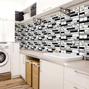 Modern black and grey marble brick self-adhesive PVC wall stickers in kitchen backsplash setting