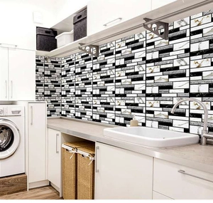 Modern kitchen backsplash featuring black white grey marble brick pattern adhesive wall tile