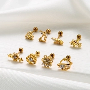 Set of 8 gold stainless steel stud earrings with zircon crystals in diverse nature shapes