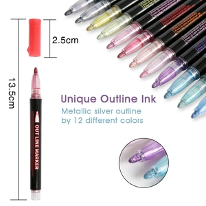 Detailed specs of 12-color double line outline markers with 13.5cm pen length dimensions