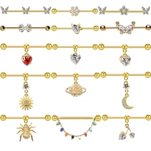Industrial Barbell Ear Piercing Stainless Steel Cubic Zirconia Butterfly Heart Star Sun Spider Cartilage Earring Fashion