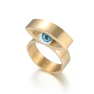 Hip-Hop-Ring aus goldenem Edelstahl mit blauem Evil-Eye-Design für Damen im Trend
