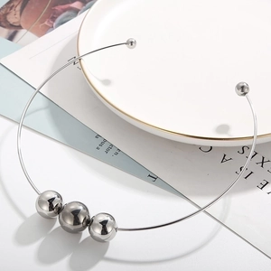 Punk style stainless steel hollow bead collar necklace with three silver spheres