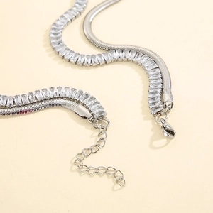 Minimalist double-layered silver snake chain and crystal zircon choker necklace for women