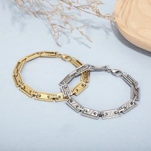 Minimalist geometric rectangle link bracelets in gold and silver with textured patterns