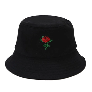 Black cotton bucket hat with detailed red rose embroidery for outdoor sun protection