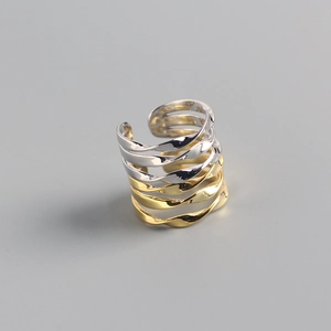 Minimalist S925 sterling silver twist open ring with gold and silver two-tone layered design