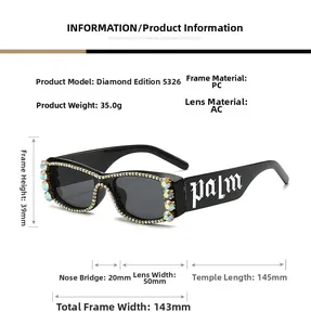 Detail of square sunglasses with sparkly rhinestones and Palm text on the temple arm