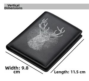 Vertical slim leather wallet for men featuring elk print and 11.5cm x 9.8cm dimensions