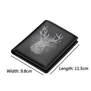 Short black faux leather men's wallet with a silver deer head print 11.5x9.8cm
