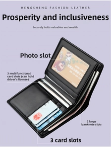 Interior layout of men's slim bifold leather wallet with card slots and photo window