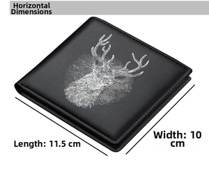 Detail view of black bi-fold wallet for men with deer head print and dimensions 11.5x10cm