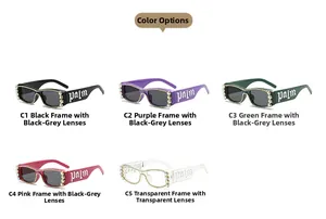 Detailed view of fashion square sunglasses with rhinestones and palm text logo
