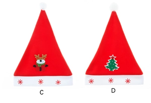 Detail view of plush Christmas hats featuring reindeer and tree patches with snowflake embroidery
