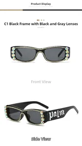Detail of square sunglasses with rhinestones and white palm logo on the side temple