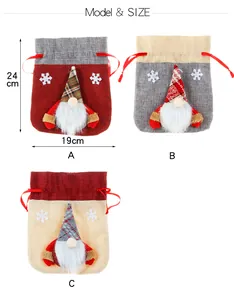 Size chart showing 24x19 cm burlap Christmas gnome gift bags in red, grey, and beige