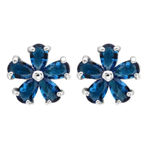 Elegant floral stud earrings featuring blue teardrop zircon petals on white background
