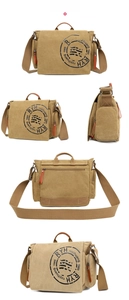 Sac bandoulière en toile kaki avec sceau rétro, vues avant et arrière multi-poches