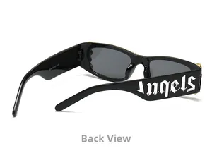 Close-up of square sunglasses side temple with white Gothic Angels print and model specs