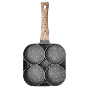 Non-stick granite stone 4-hole egg frying pan with wood-pattern handle on white background