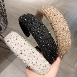 Elegant rhinestone padded headband set with tweed fabric in black white and brown colors
