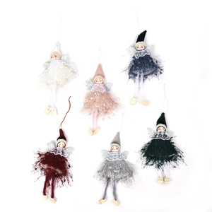 Set of six colorful Christmas angel plush ornaments with glitter wings and knit details