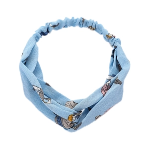 Light blue cross knot headband with cute cartoon characters on soft fabric for women
