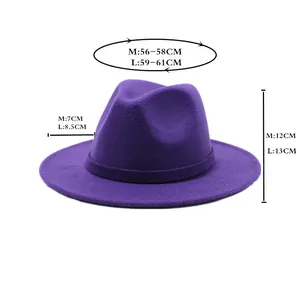 Detailed size guide for purple wide brim fedora hat with M and L dimensions in centimeters