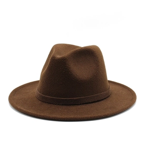 Detail of dark brown wool felt fedora hat featuring classic brim and matching band