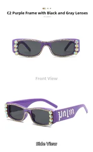 Detail of purple square sunglasses with rhinestones and silver palm text on temples