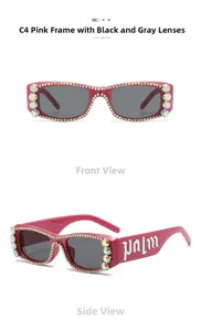 Detail of pink square sunglasses with rhinestone edges and palm letter on the temple