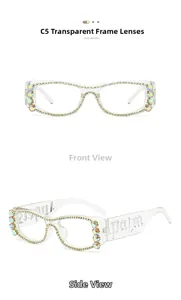 Detail of square glasses with rhinestones and Palm embossed lettering on the side
