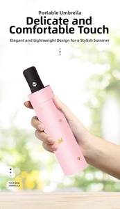 Pink folding automatic umbrella with gold crown pattern held in one compact hand