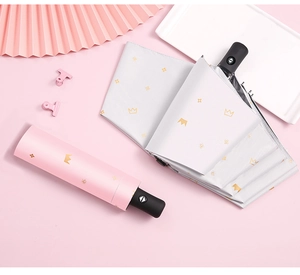 Detailed view of foldable pink and grey umbrella with gold crown and star prints