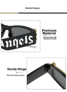Detail showing high-quality hinges and gold rhinestone embellishments on square sunglasses