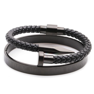Black stainless steel Roman numeral bangle and braided leather bracelet set for men