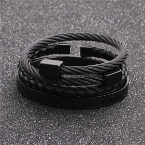 Three-piece black stainless steel men's bracelet set with Roman numerals and woven cable