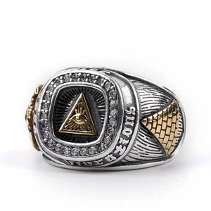 Vintage hip hop mens silver ring with gold All-Seeing Eye and pyramid details