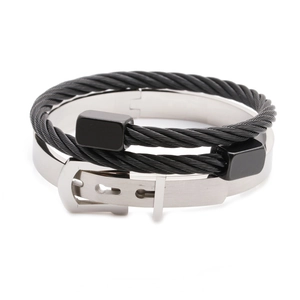 Men's minimalist stainless steel Roman numeral cube bracelet and wire bangle set