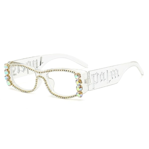 Chic square sunglasses with rhinestone-encrusted transparent frames and letter engraving