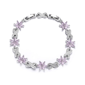 Elegant 925 silver flower bracelet with purple zirconia and infinity links design
