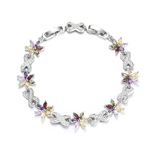 Detail shot of multicolor zircon floral bracelet with S925 sterling silver finish