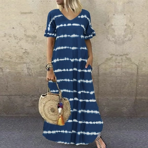 Detail of V-neckline and ruffle short sleeves on a blue tie-dye maxi dress for women