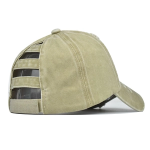 Detail of washed cotton ponytail baseball cap with criss-cross elastic bands for messy buns
