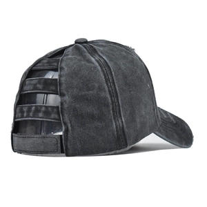 Washed denim ponytail baseball cap in dark grey with distressed finish and elastic back