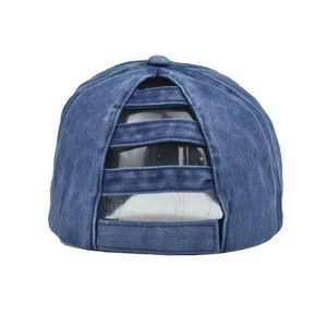 Detail of blue washed denim baseball cap with elastic straps for high ponytail