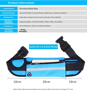 Blue waterproof sports waist bag detail showing headphone jack and 6-inch phone pouch