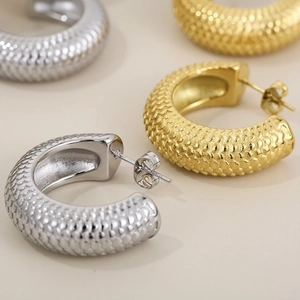 Chunky 18K gold and silver stainless steel C-shaped earrings with scale texture