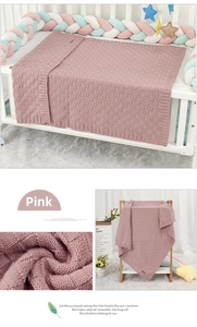 Close-up of pink knit baby blanket featuring a textured checkerboard pattern for nursery